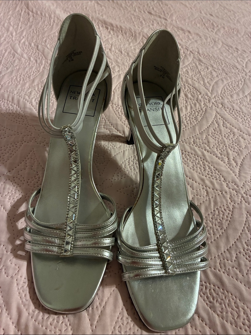 New York Transit Metallic Silver Strappy T-Bar Heels with Crystal Accents